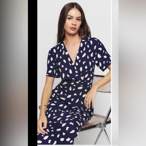 Reformation Danika Navy White Abstract Midi Shirt Dress Size S - Picture 2 of 12